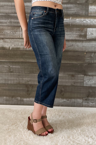 judy blue mid rise tummy control top cropped wide leg jeans dark wash JB88876