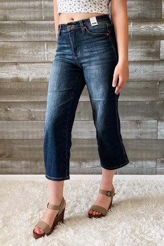 judy blue mid rise tummy control top cropped wide leg jeans dark wash JB88876