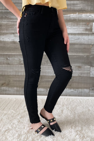 judy blue black skinny jeans heavy distressing raw hem JB88562REG BK