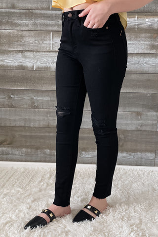 judy blue black skinny jeans heavy distressing raw hem JB88562REG BK