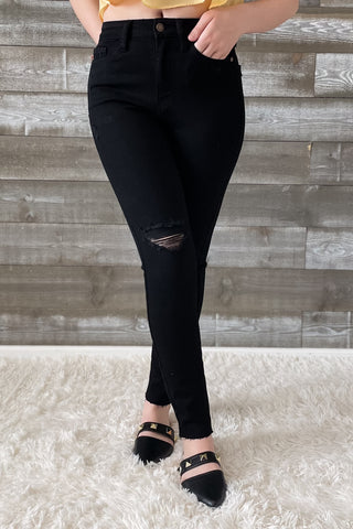 judy blue black skinny jeans heavy distressing raw hem JB88562REG BK