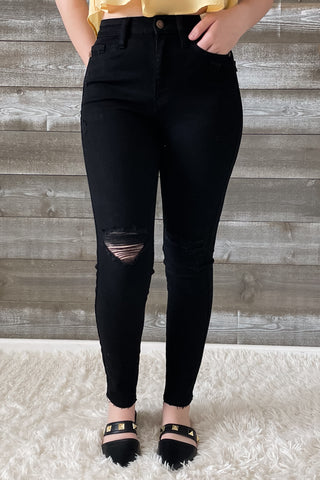 judy blue black skinny jeans heavy distressing raw hem JB88562REG BK