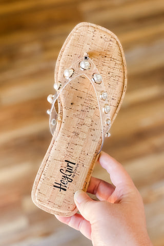 Corkys Footwear Jump In Clear Thong Flip Flops Pearl Embellishments summer sandals