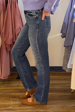 Just Black Denim BP472J dark wash straight leg jeans side view showing 33.5" inseam length