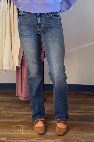 Just Black Denim BP472J tall dark wash straight leg jeans on 5'9" model, front view with hem stacking over Corkys Layover ballet flats in camel