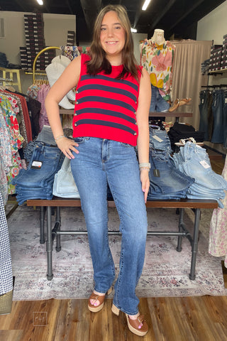 Just Black Denim Longer Length Straight Leg Dark Wash Jeans High Rise BP472J front view whole outfit