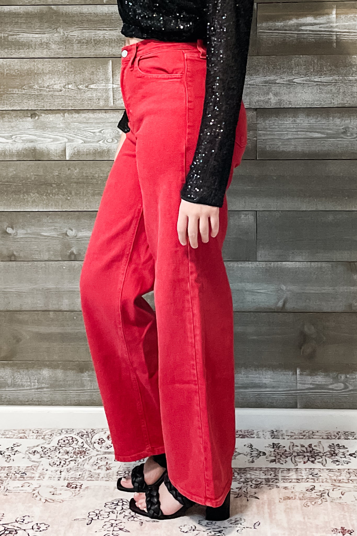 just black denim vintage red relaxed wide leg jeans BP453J-VRED