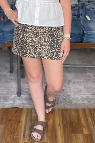 Just USA Leopard Print Micro Denim Mini Skirt With Side Slit front view JK386-LP