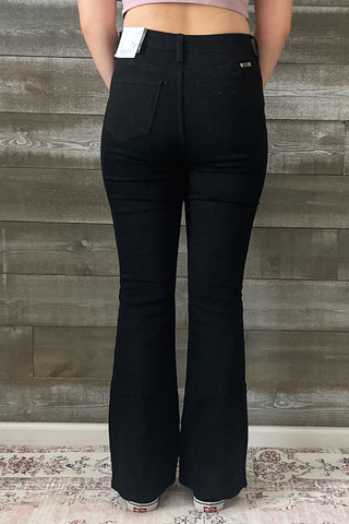 kancan petite high rise flare jeans in black with distressed knees KC7346BKV2-PT