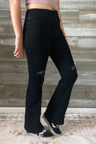 kancan petite high rise flare jeans in black with distressed knees KC7346BKV2-PT