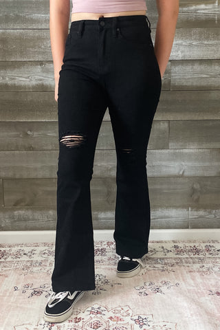 kancan petite high rise flare jeans in black with distressed knees KC7346BKV2-PT