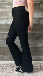 kancan petite high rise flare jeans in black with distressed knees KC7346BKV2-PT