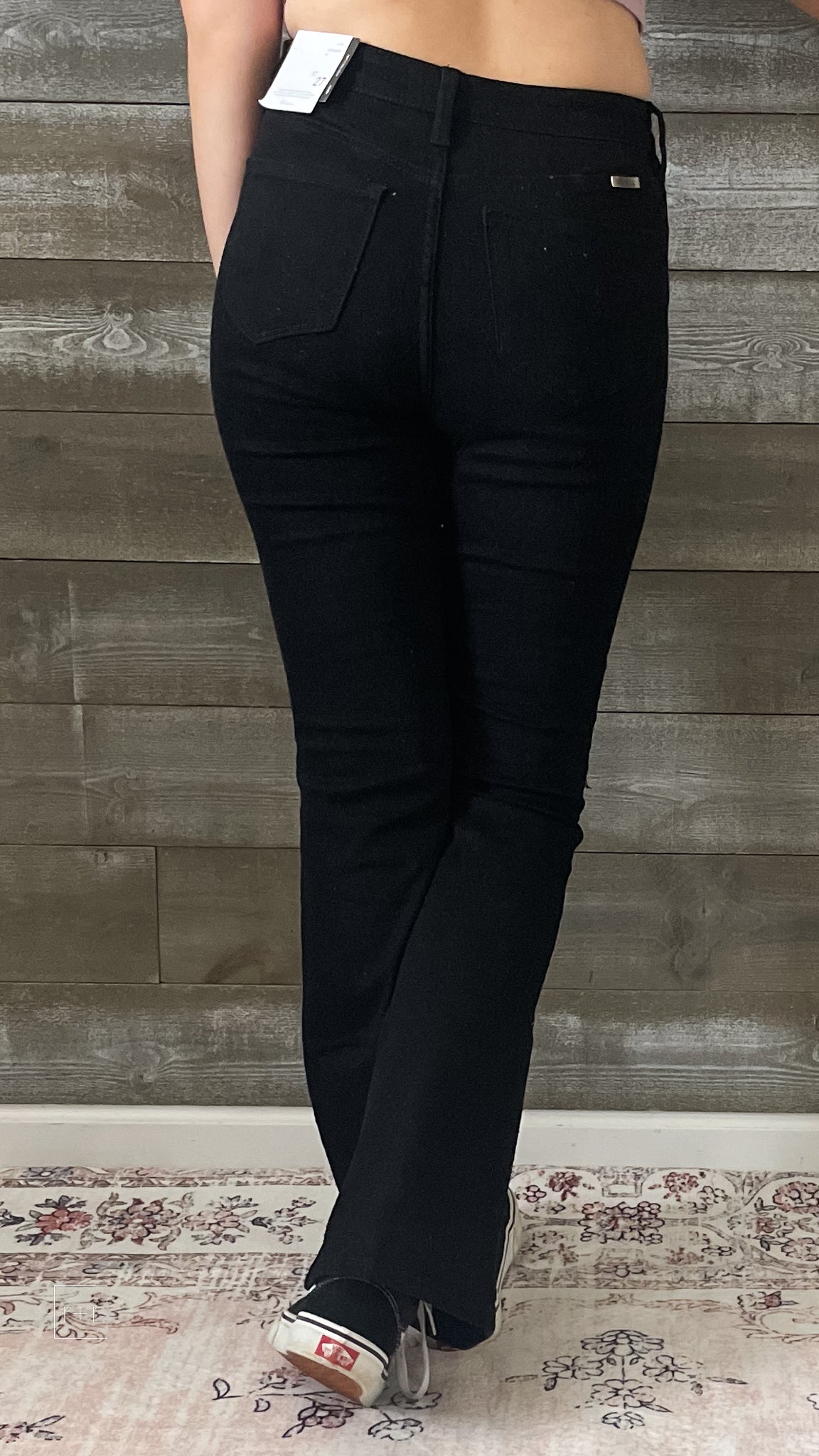 kancan petite high rise flare jeans in black with distressed knees KC7346BKV2-PT