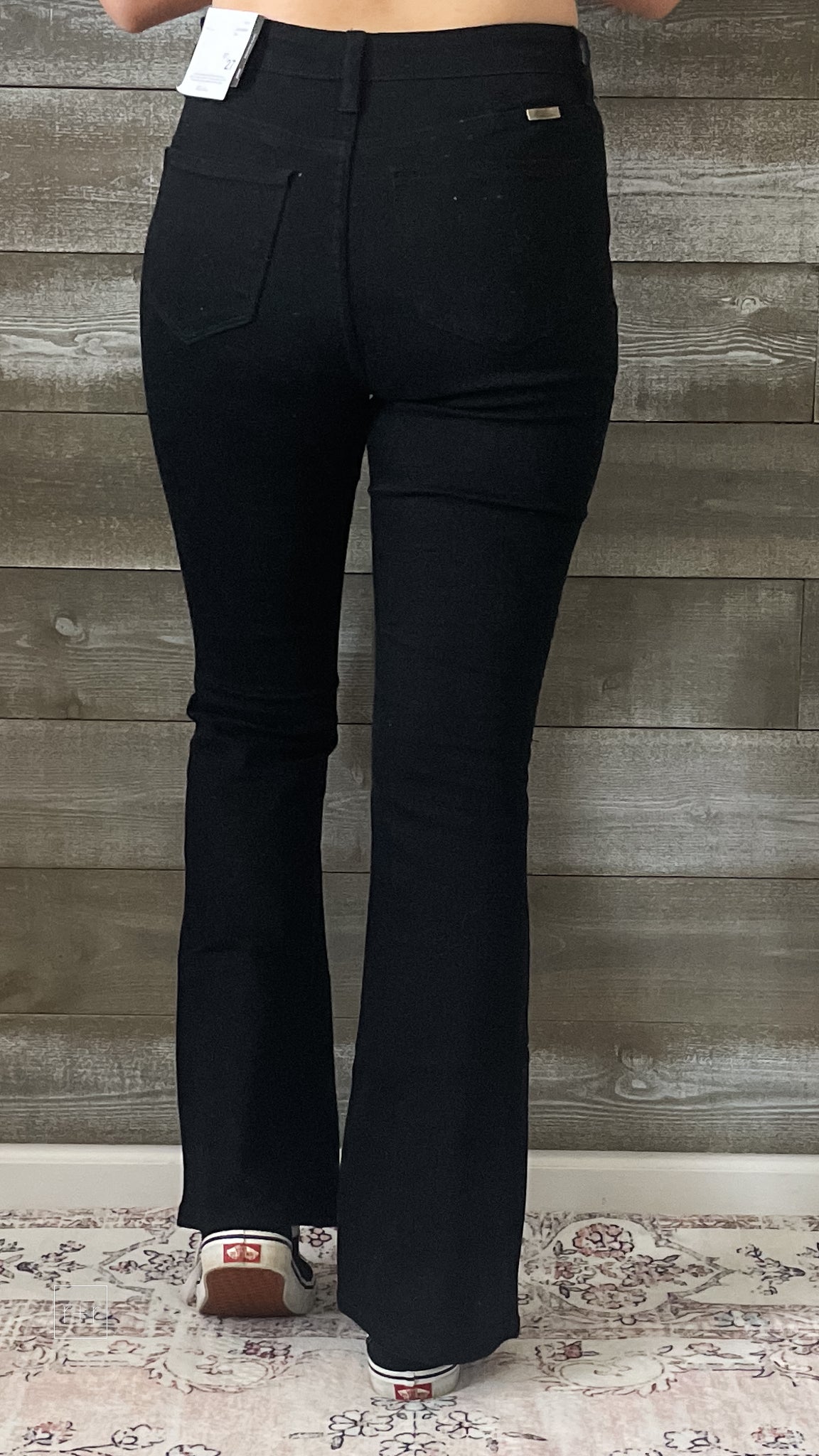 kancan petite high rise flare jeans in black with distressed knees KC7346BKV2-PT