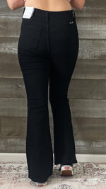 kancan petite high rise flare jeans in black with distressed knees KC7346BKV2-PT