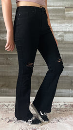 kancan petite high rise flare jeans in black with distressed knees KC7346BKV2-PT