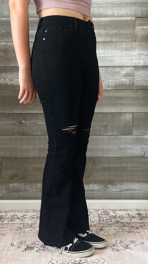 kancan petite high rise flare jeans in black with distressed knees KC7346BKV2-PT