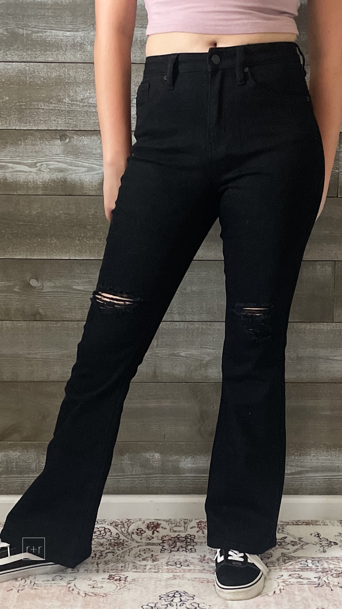 kancan petite high rise flare jeans in black with distressed knees KC7346BKV2-PT