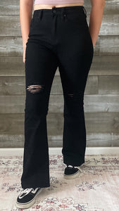 kancan petite high rise flare jeans in black with distressed knees KC7346BKV2-PT