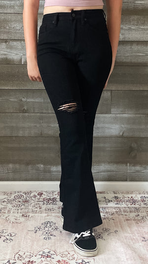 kancan petite high rise flare jeans in black with distressed knees KC7346BKV2-PT