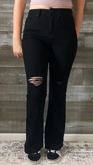 kancan petite high rise flare jeans in black with distressed knees KC7346BKV2-PT