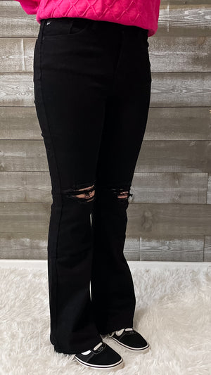 kancan petite high rise flare jeans in black with distressed knees KC7346BKV2-PT