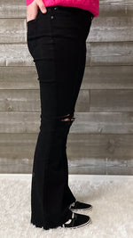 kancan petite high rise flare jeans in black with distressed knees KC7346BKV2-PT