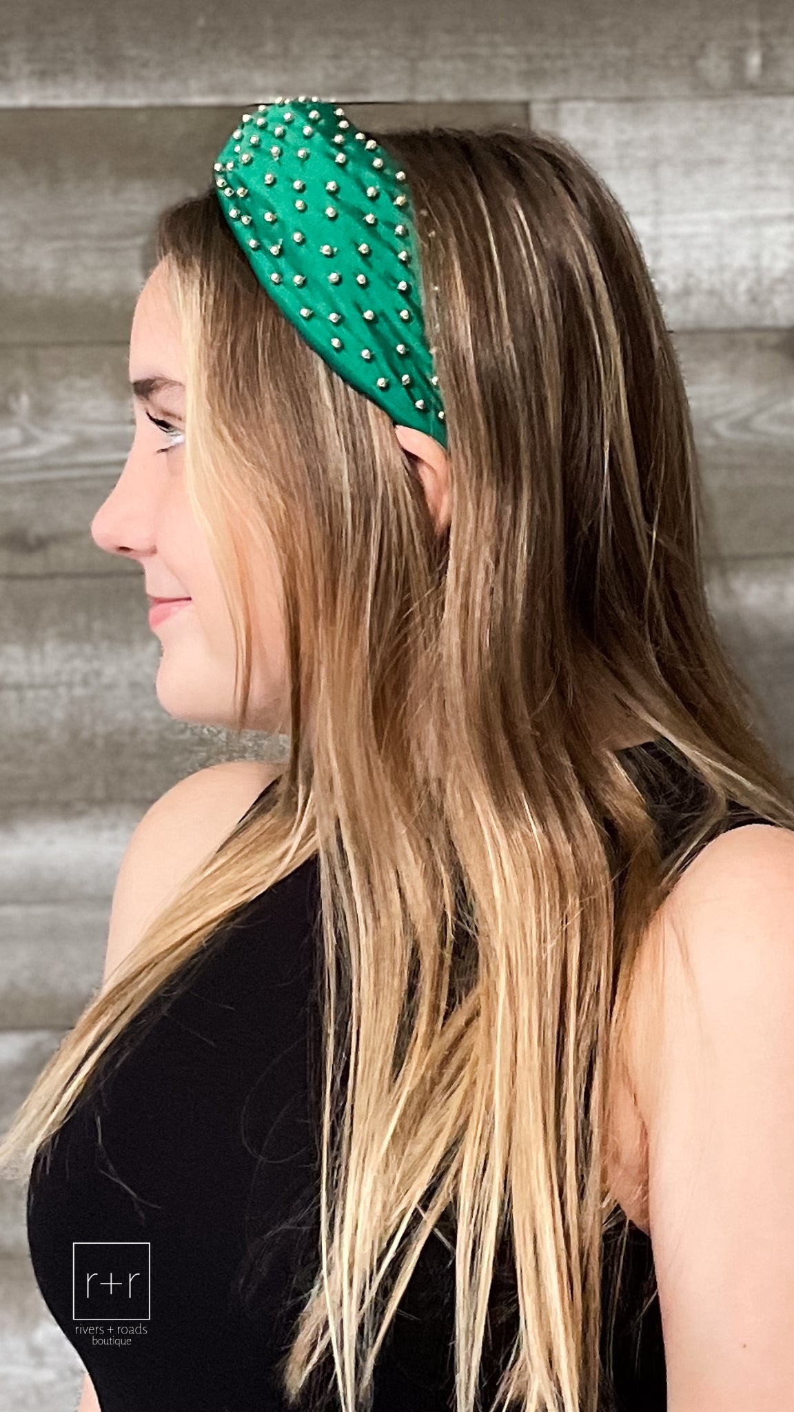kelly green knotted fashion headband with gold ball studs