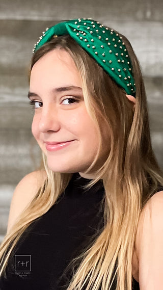 kelly green knotted fashion headband with gold ball studs