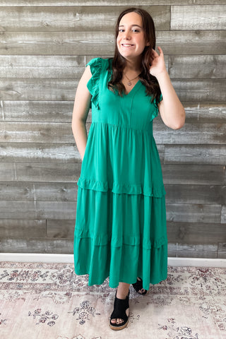 entro kelly green midi dress with vneckline and ruffle sleeves and tiered skirt D19611