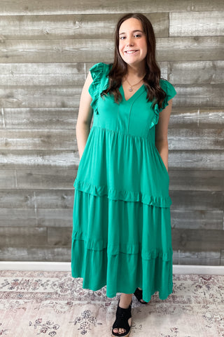 entro kelly green midi dress with vneckline and ruffle sleeves and tiered skirt D19611