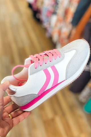 Corkys Footwear Kickoff Grey Pink Combo Retro Sporty Sneakers Hey Girl