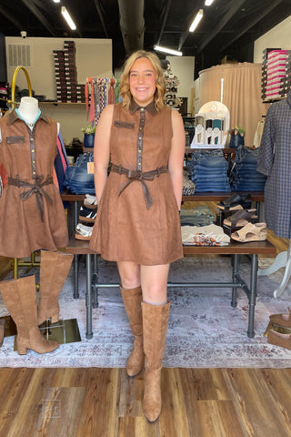 eesome sleeveless faux suede dress paired with Corkys Made You Look camel faux suede tall boots front view