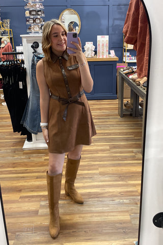 eesome sleeveless faux suede dress paired with Corkys Made You Look camel faux suede tall boots mirror selfie