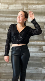 kori america black lined sequins cropped top blouse E5121