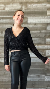 kori america black lined sequins cropped top blouse E5121