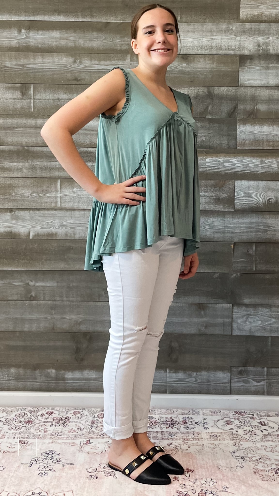 kori america flowy tunic length sage raw edged ruffle detail top R5033 PR5033