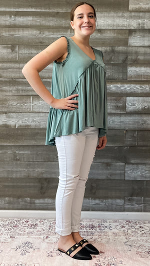 kori america flowy tunic length sage raw edged ruffle detail top R5033 PR5033