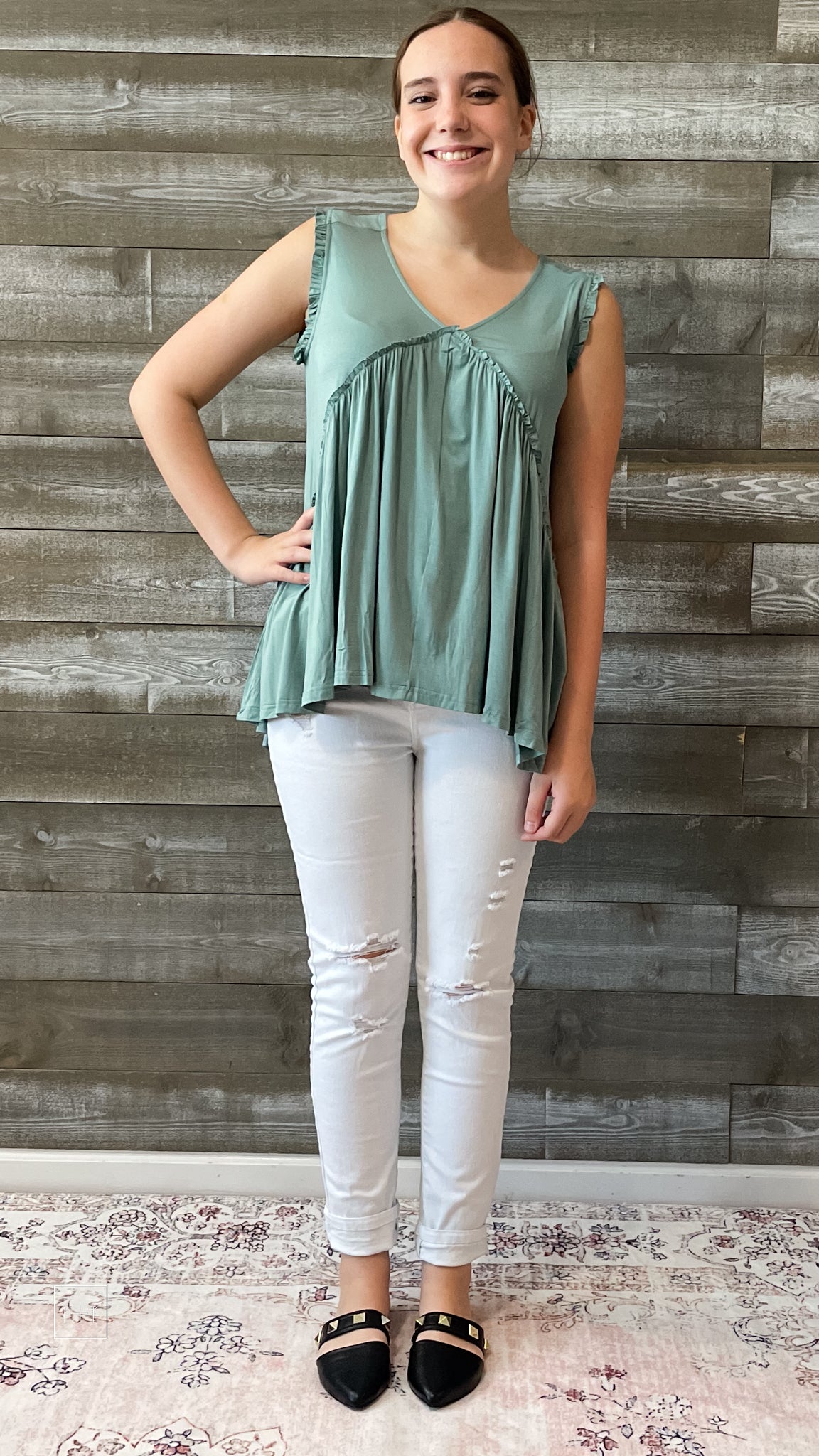 kori america flowy tunic length sage raw edged ruffle detail top R5033 PR5033