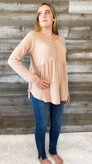 kori america thermal long sleeve baby doll henley top N7556 latte | free people dupe