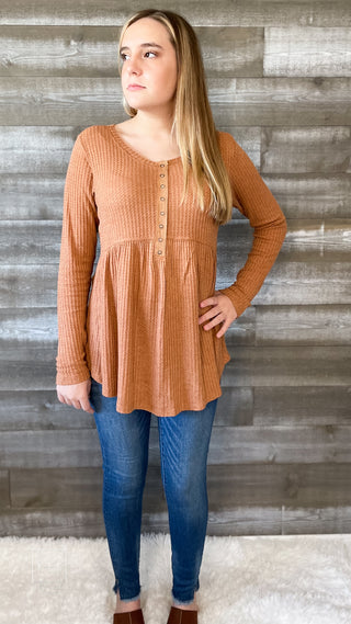 kori america thermal long sleeve baby doll henley top N7556 rust | free people dupe