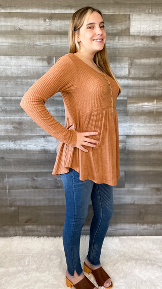 kori america thermal long sleeve baby doll henley top N7556 rust | free people dupe