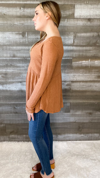 kori america thermal long sleeve baby doll henley top N7556 rust | free people dupe