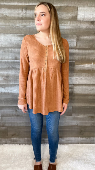 kori america thermal long sleeve baby doll henley top N7556 rust | free people dupe