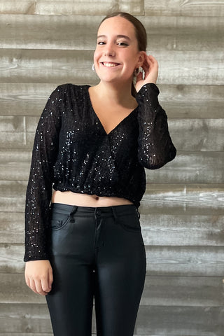 kori america black lined sequins cropped top blouse E5121