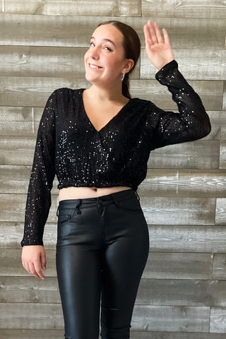 kori america black lined sequins cropped top blouse E5121