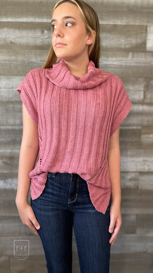 kori america crochet short sleeve turtleneck sweater vest mauve E5100