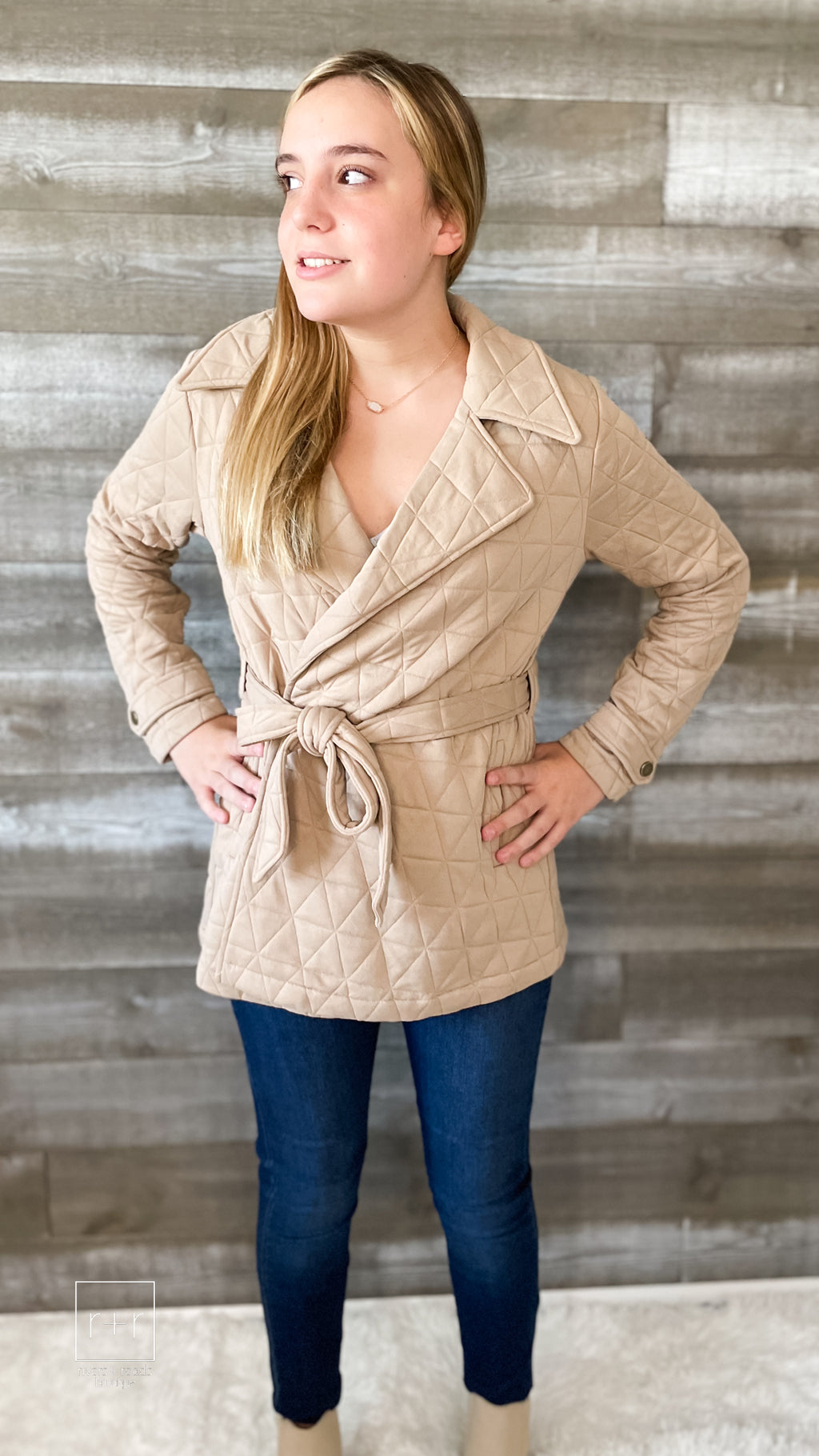 kori america quilted fabric belted jacket with pockets in taupe M6180