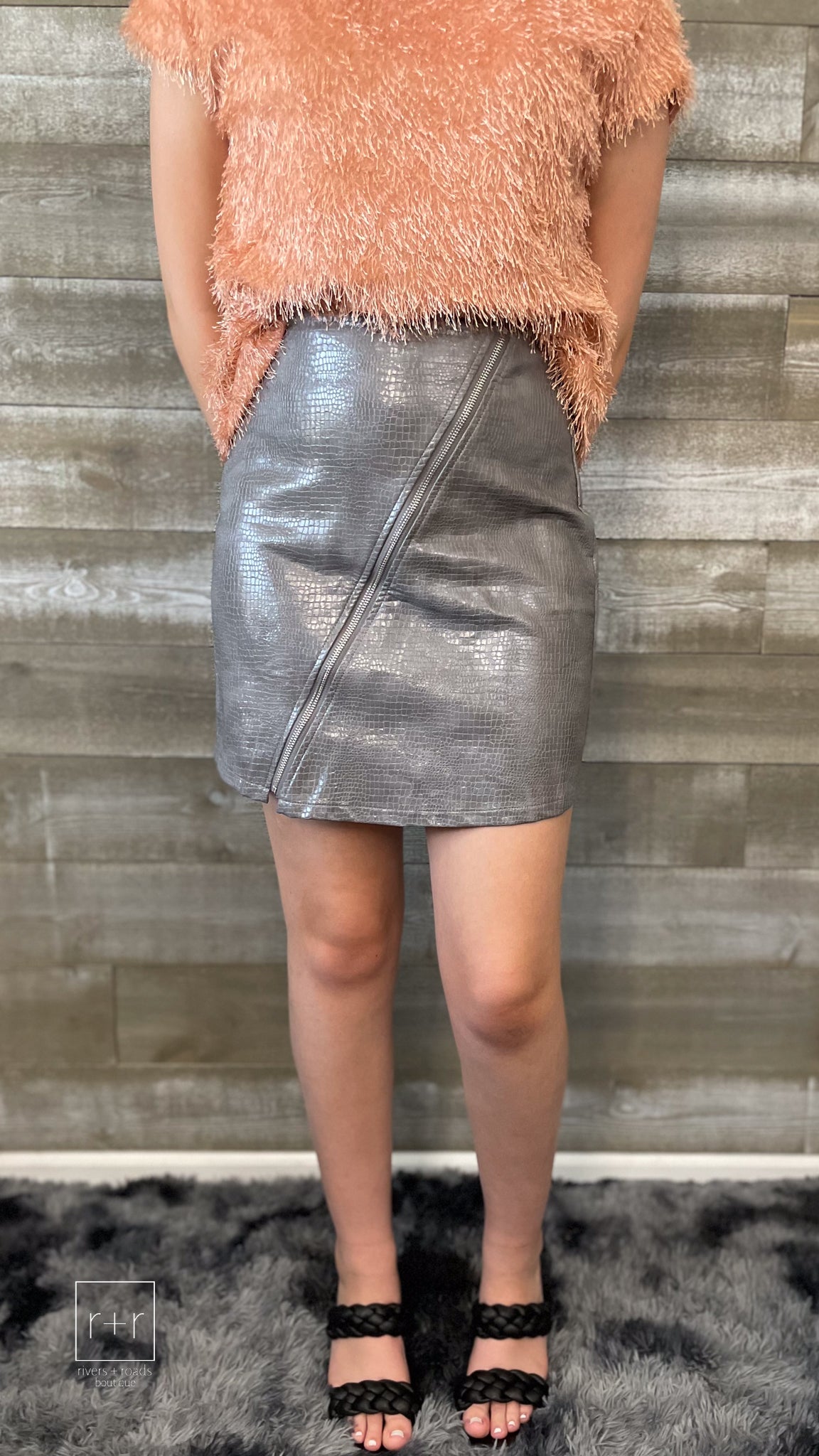 kori america B7702 charcoal snakeskin texture faux leather skirt with front zipper detail