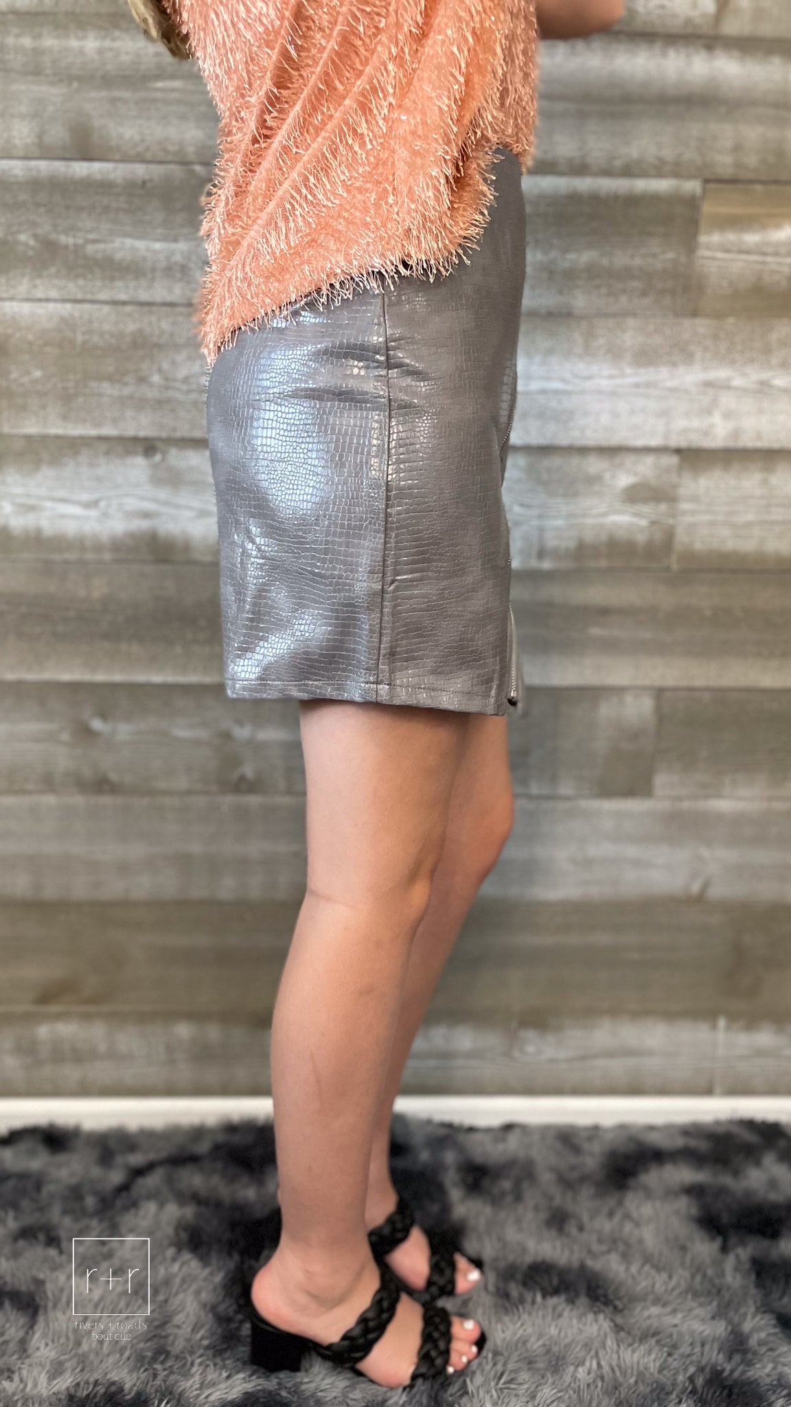 kori america B7702 charcoal snakeskin texture faux leather skirt with front zipper detail